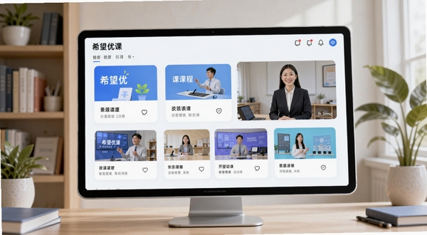 一款名为希望优课的在线教育软件主界面展示,画面中央是一块明亮的电子屏幕,屏幕中显示各类课程卡片与教师授课画面,背景区域为温馨的书房环境,书架与绿植点缀,整体色调以蓝色和白色为主,突出教育科技感,画面主体屏幕位于正中央偏上位置,背景虚化处理,适配Boogu模型生成