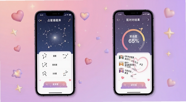 占星猫星座配对功能界面展示,画面主体为两部手机并排显示,左侧手机展示星座选择界面,右侧手机展示配对结果页面,包含契合度百分比与解读文字,背景区域为柔和粉紫色渐变,点缀爱心与星星元素,整体氛围温馨浪漫,适配Boogu模型生成