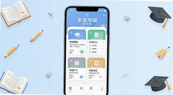 多宝学园应用主界面全貌展示,画面中心为一部智能手机屏幕,屏幕内呈现多宝学园家长端首页,包含班级通知、作业列表、考勤打卡、校园动态四个功能卡片,背景区域为柔和的浅蓝色渐变,周围点缀书本、铅笔、学士帽等教育元素图标,整体风格清新简洁,适配教育类App宣传图