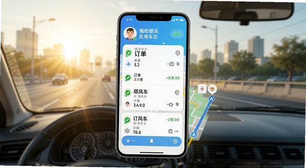 嗨哟顺风车主应用主界面展示,手机屏幕中央呈现订单列表与地图导航区域,顶部显示车主头像与接单状态,背景为城市道路与清晨阳光,整体色调清新明亮,突出顺风车出行场景