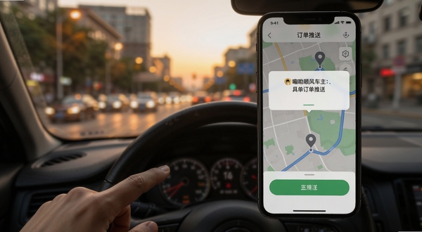 嗨哟顺风车主订单推送界面,手机屏幕显示弹窗通知与地图上的乘客定位标记,车主手指轻触接单按钮,背景为傍晚城市街景,氛围温馨自然
