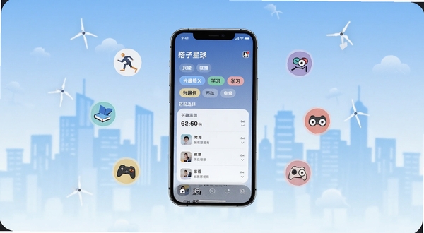 搭子星球核心界面全貌展示,画面中央为手机屏幕,屏幕内呈现兴趣标签选择与匹配列表,背景为浅蓝色渐变城市剪影,整体风格清新现代,手机周围环绕运动、学习、游戏等小图标,构图居中,适配Boogu模型生成