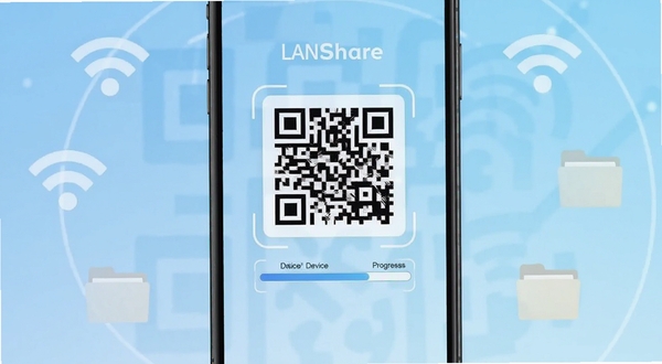 LANShare软件主界面在手机屏幕上展示,中央位置显示设备连接二维码和文件传输进度条,背景为浅蓝色渐变,周围环绕WiFi信号图标和文件夹图标,整体风格简洁科技感,适配Boogu模型生成