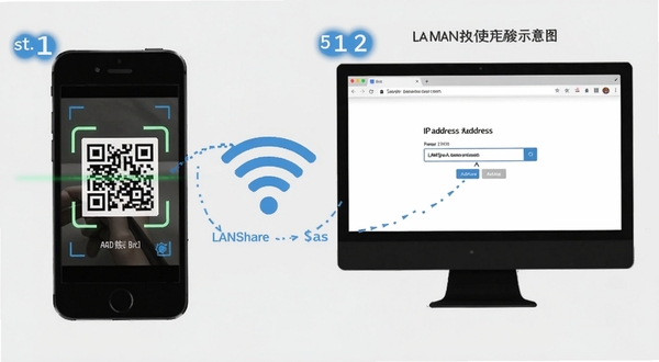 LANShare使用教程示意图,画面分为手机和电脑两部分,手机显示二维码扫描界面,电脑显示浏览器输入IP地址的页面,中间用WiFi图标连接,背景为浅灰色,带有步骤数字标注
