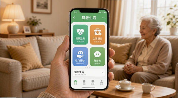 链老生活手机应用主界面展示图,画面中心为一部智能手机,屏幕显示链老生活APP首页,界面包含健康监测、生活服务、社交互动等模块图标,背景为温馨的家庭客厅场景,色调温暖柔和,突出老年用户友好设计