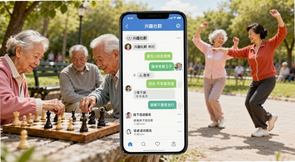 链老生活社交活动页面示意图,画面为手机屏幕显示兴趣社群聊天界面与线下活动报名列表,背景是公园里老年人下棋、跳舞的温馨场景,色彩明快充满活力