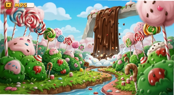 糖果森林逃脱 棉花糖灌木丛场景 巧克力瀑布 卡通风格 明亮色彩 游戏原画 细节丰富