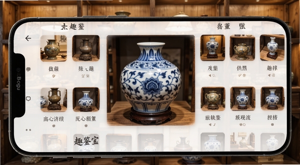 趣鉴宝安卓应用主界面展示,手机屏幕中呈现古董鉴定分类导航,画面中央为一件青花瓷器的高清细节图,背景为素雅的古玩店木质展架,柔和暖光照明,整体风格古朴专业,适配Boogu模型生成