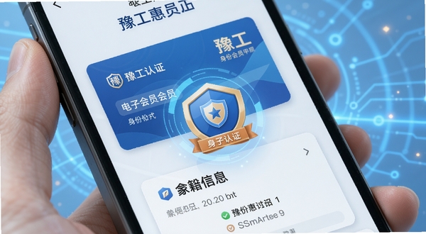 豫工惠会员服务界面特写,手机屏幕显示电子会员卡和会籍信息卡片,背景为淡蓝色科技感光晕,画面中央突出身份认证徽章图标,整体呈现专业可信的视觉效果
