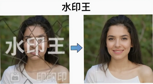 水印王智能图片去水印功能演示图,画面左侧为带有明显水印的原始照片,右侧为处理后干净无痕的同一张照片,中间用箭头连接示意处理过程,图片上方标注水印王字样,背景简洁白色,适配Boogu模型生成