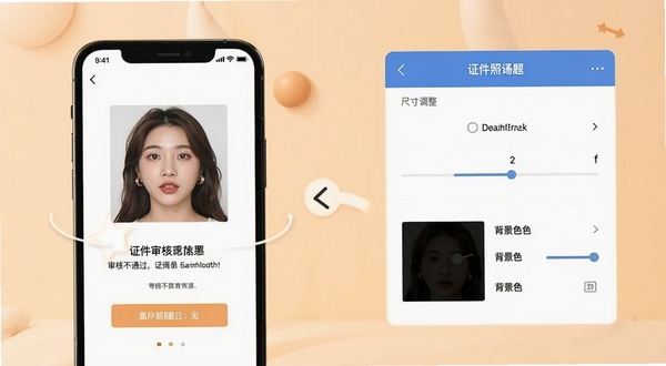 证件照专业版用户问答场景示意图,画面左侧为手机显示审核不通过提示,右侧为软件内尺寸调整面板与背景色参数,背景为浅橙色柔和色调,突出解决问题导向