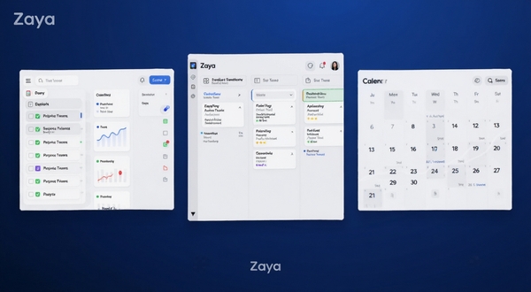 Zaya应用的多视图任务管理界面展示,画面左侧是清单列表,中间是看板分栏,右侧是日历月视图,三块屏幕以悬浮卡片形式排列在深蓝色渐变背景上,科技感与简洁感并存,UI细节精致,带Zaya字样
