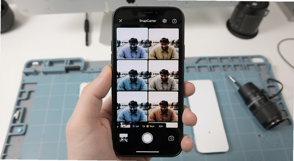 SnapCamer 实时滤镜预览界面,手机屏幕中显示同一场景在不同滤镜下的对比缩略图,背景为简洁工作台,光线明亮均匀