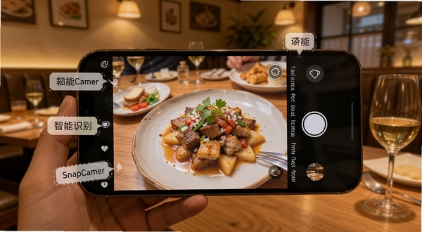 SnapCamer 智能场景识别功能示意,画面中手机屏幕显示美食拍摄界面,屏幕边缘浮现识别标签,背景为温馨餐厅环境,色调温暖柔和