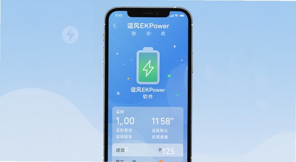 谊风EKPower 软件主界面展示,手机屏幕居中,背景为浅蓝色渐变,画面简洁清新,突出电池图标与实时数据面板,整体风格偏向科技感与实用感
