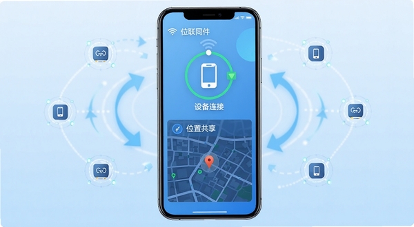 位联宝软件主界面展示,手机屏幕中央显示设备连接状态图标与位置共享地图,背景为浅蓝色渐变科技风格,周围环绕数据同步箭头与设备节点图形,整体画面简洁明亮,突出位联宝核心连接功能