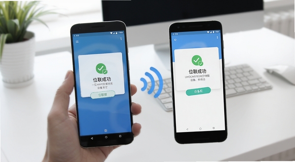位联宝一键连接功能演示图,画面展示两部安卓手机之间通过无线信号波建立连接,手机屏幕显示配对成功提示与设备名称,背景为简约白色办公桌面,光线柔和自然