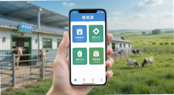 兽易通手机应用界面全景展示图,画面中央为一只手持智能手机,屏幕上显示兽易通软件首页,包含疾病查询、兽药大全、养殖课堂等功能模块图标,背景区域为现代化养殖场与绿色草原的虚化融合,整体色调以科技蓝与生态绿为主,突出畜牧兽医专业服务定位,画面简洁明亮,适配Boogu模型生成