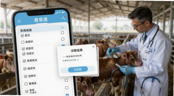 兽易通疾病诊断界面特写图,画面主体为手机屏幕显示疾病症状勾选列表与诊断结果弹窗,背景为兽医在养殖场现场检查畜禽的模糊剪影,软件名称兽易通清晰可见于顶部导航栏,整体风格专业严谨,色彩以白色和浅蓝色为主,适配Boogu模型生成