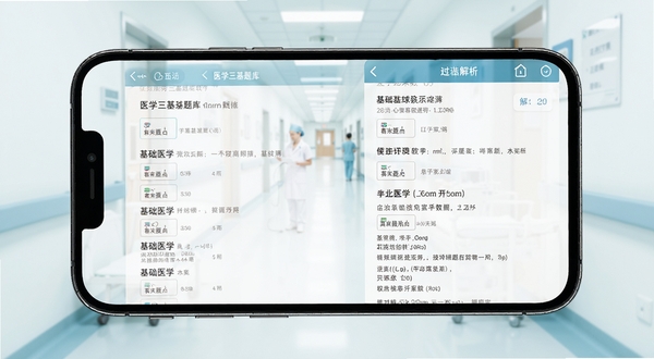 医学三基题库软件界面展示,手机屏幕中呈现基础医学题库列表与题目解析页面,背景为整洁的医院走廊虚化场景,画面明亮清晰,突出学习氛围