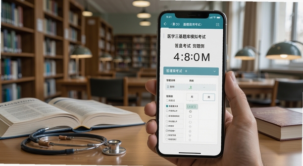 医学三基题库模拟考试界面,手机屏幕显示考试倒计时与答题卡,背景为安静的图书馆自习室,桌面摆放医学书籍与听诊器,画风写实细腻