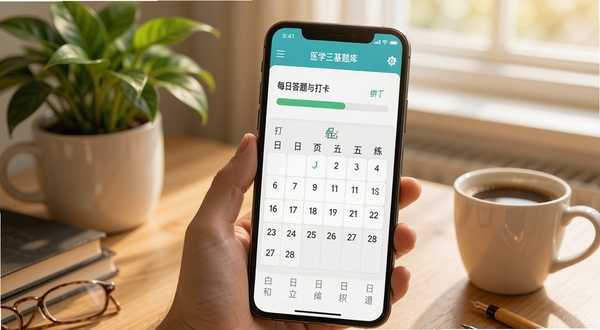 医学三基题库每日一练界面,手机屏幕展示每日答题进度与打卡日历,背景为温馨的书桌一角,绿植与咖啡杯点缀,光线柔和