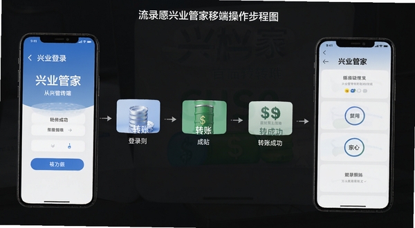 兴业管家移动端操作流程图,展示从登录到转账成功的步骤分解,手机界面清晰