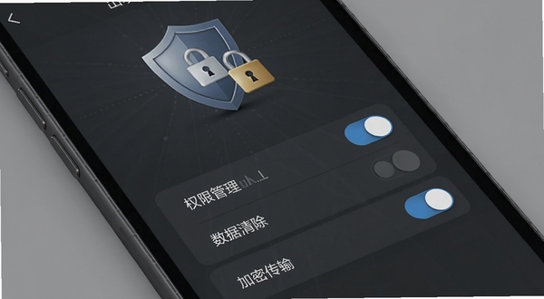 出境易隐私安全设置界面,手机屏幕显示盾牌图标与加密锁标识,背景为深灰色调,界面元素包含权限管理、数据清除、加密传输等选项开关,整体风格稳重专业