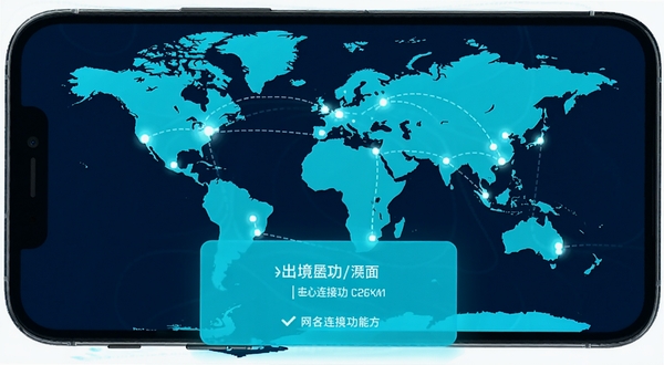 出境易网络连接功能界面,手机屏幕显示世界地图背景,地图上标注多个热门出境目的地城市光点,屏幕下方弹出连接成功提示框,整体色调以深蓝与亮青色为主,体现科技感与全球化视野