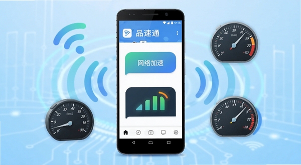品速通APP主界面展示图,画面中央放置一部安卓手机,手机屏幕上显示品速通软件的主页,主页有网络加速按钮和信号强度指示图标,背景为浅蓝色渐变科技风格,周围环绕WiFi信号波纹和速度仪表盘元素,整体色调清爽明亮,适合软件下载站展示
