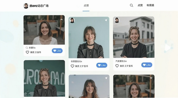 赫兹动态广场页面,瀑布流图文卡片展示,用户头像与点赞按钮醒目,背景为浅色清新风格,体现社区互动感