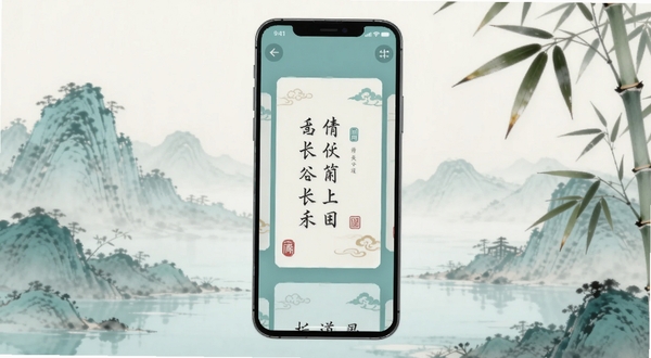 软件名称长相思,画面主体为一部竖屏安卓手机,屏幕显示古风诗词卡片界面,背景为淡雅水墨山水与竹叶元素,整体色调青绿柔和,构图居中,光线自然,适合Boogu模型生成