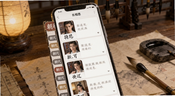 软件名称长相思,画面主体为手机屏幕展示诗词列表界面,左侧为朝代分类标签,右侧为诗词卡片缩略图,背景为书房案几与笔墨纸砚,暖黄色灯光,细节清晰,适合Boogu模型生成