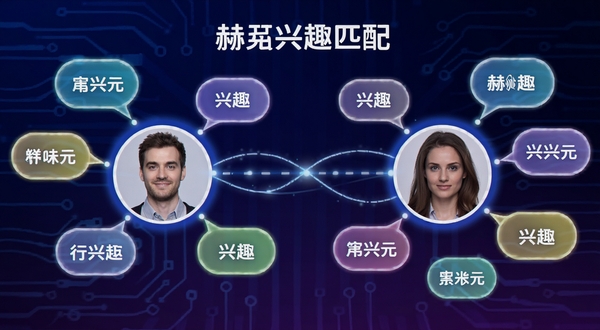 赫兹兴趣匹配界面,两个用户头像通过线条连接,周围环绕兴趣标签气泡,背景为科技感蓝紫色调,突出智能推荐概念
