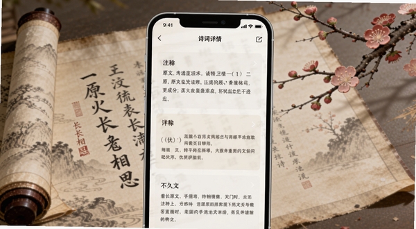 软件名称长相思,画面主体为手机屏幕显示诗词详情页,包含原文、注释、译文三个板块,背景为古风卷轴与梅花枝条,色调素雅,适合Boogu模型生成