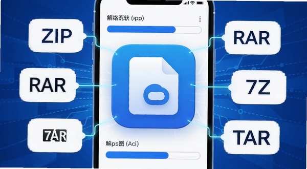 压缩解压软件功能展示图,画面中央是压缩解压APP的图标,四周环绕ZIP、RAR、7Z、TAR等格式标签,背景为手机屏幕显示解压进度条,整体色调以蓝色和白色为主,科技感十足
