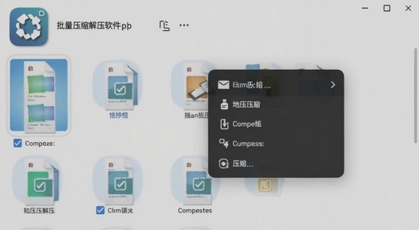 压缩解压软件批量操作界面,手机屏幕显示多个文件被勾选后弹出批量压缩菜单,背景为浅灰色,界面布局清晰,包含压缩解压APP的logo