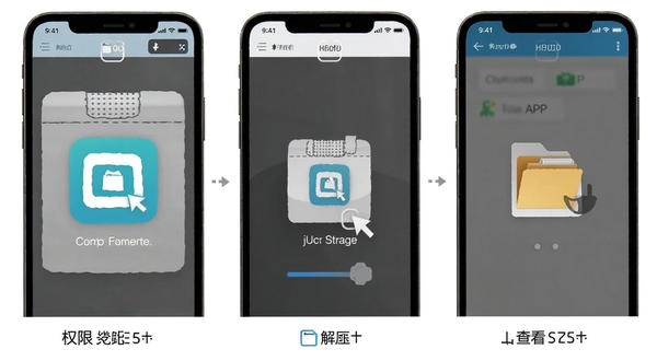 压缩解压软件操作步骤示意图,手机屏幕分步展示授予权限、选择压缩包、点击解压、查看文件的完整流程,背景为白色,界面简洁,包含压缩解压APP图标