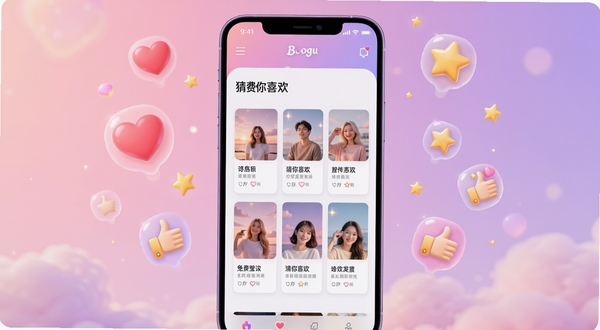 免费壁纸大全智能推荐界面,画面主体为手机屏幕显示“猜你喜欢”板块,屏幕周围漂浮着爱心、星星、点赞手势等图标,背景为柔和的粉紫色渐变,突出个性化推荐的温馨感与智能感,适配Boogu模型生成