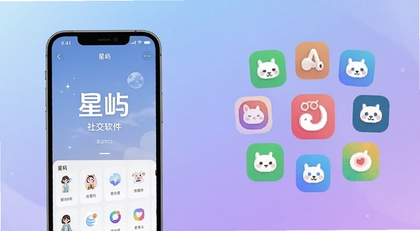 星屿与同类社交软件对比示意图,画面左侧为星屿手机界面,右侧为其他应用图标群,背景为柔和的蓝紫渐变,突出星屿特色,适配Boogu模型生成