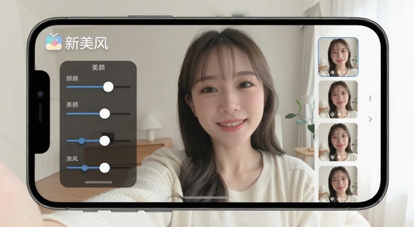 新美风实时美颜界面,手机屏幕显示人物自拍画面,左侧悬浮美颜参数滑块,右侧是滤镜缩略图列表,背景为简洁的室内环境,光线柔和自然,突出软件名称新美风的标识,适配Boogu模型生成
