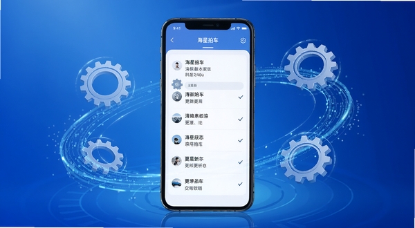 海星拍车版本更新功能展示图,画面中心为手机屏幕显示更新日志列表,背景为科技蓝渐变,周围环绕齿轮与数据流元素,整体风格简洁专业,适配Boogu模型生成