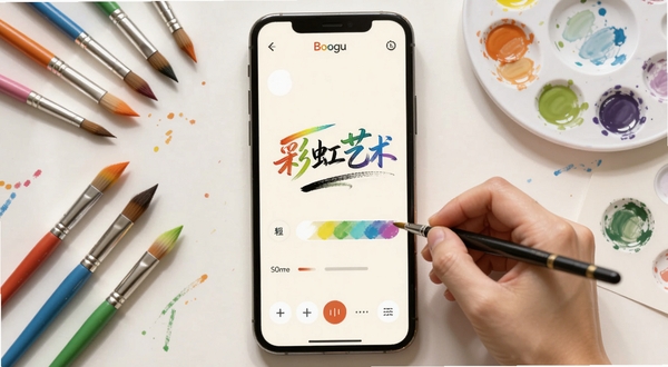 彩虹艺术签名自定义编辑界面展示,画面主体位于手机屏幕中央,显示用户正在调整签名笔触粗细和颜色,屏幕背景为淡雅的米白色,周围散落着彩色画笔和调色盘元素,整体氛围专注且富有创意,适配Boogu模型生成