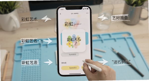彩虹艺术签名使用教程步骤示意图,画面主体位于手机屏幕中央,显示用户正在输入姓名并选择签名模板的操作流程,背景区域为简洁的浅蓝色工作台环境,周围有步骤指示箭头,整体风格清晰直观,适配Boogu模型生成