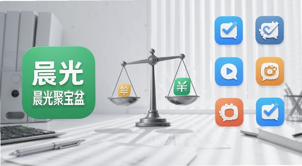晨光聚宝盆与同类软件对比示意图,画面左侧是晨光聚宝盆图标,右侧排列多个记账应用图标,中间用天平图案表示对比,背景为浅灰色商务风格