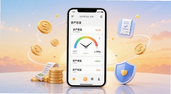 晨光聚宝盆应用主界面展示,画面中央是手机屏幕显示资产总览仪表盘,周围环绕着金币、账单图标和盾牌安全符号,背景为柔和的晨光渐变色调,整体风格简洁现代,适配Boogu模型生成