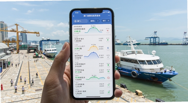 澳门海事应用航班查询界面,手机屏幕显示多条航线时刻列表,背景为澳门码头实景,画面明亮清晰,突出实时数据与用户便利性