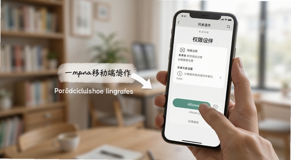 同桌语伴移动端操作示意图,画面展示手持智能手机,屏幕显示权限设置界面,手指正在点击允许按钮,背景为模糊的室内环境,突出操作指引