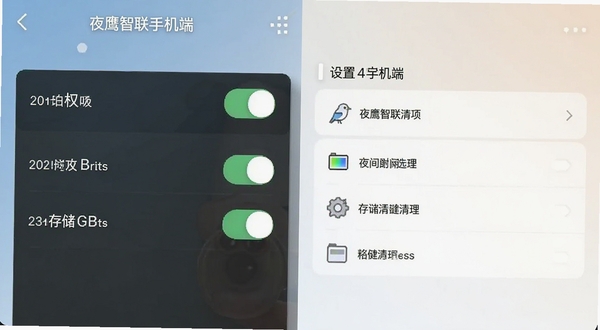 夜鹰智联手机端设置界面截图风格,画面展示权限开关与存储清理选项,背景为浅色渐变,图标清晰,整体呈现简洁实用的工具类应用视觉