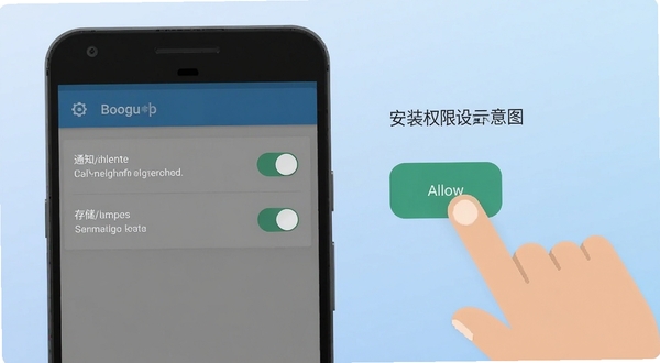 宏盟商家版安装权限设置示意图,画面展示安卓手机设置界面中通知权限与存储权限的开关状态,手指正在点击允许按钮,背景为淡蓝色渐变,风格扁平化,适配Boogu模型生成